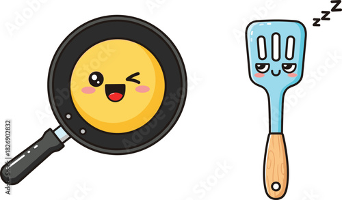 Cute Cartoon Frying Pan Winking Happily with a Sunny Face Next to a Sleepy Kitchen Spatula with Zzz Icons, Illustrating Cooking, Food, and Kawaii Kitchen Tools Vector