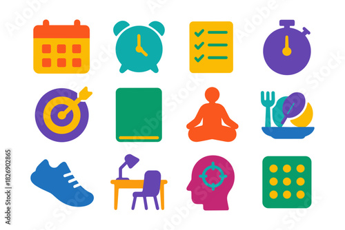 Colorful flat icons: productivity, wellness, and organization essentials