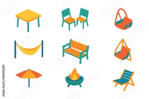Colorful isometric outdoor furniture and accessories collection