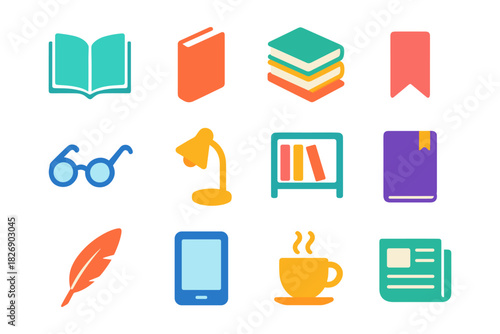 Colorful reading icons: books, e-readers, and coffee for book lovers