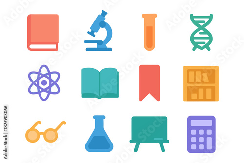 Educational icons collection featuring science and learning tools in flat design style