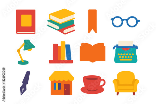 Colorful flat icons of books, typewriter, and reading essentials for creative study spaces