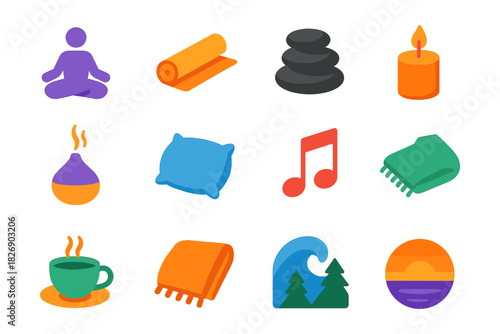 Relaxation icons set: yoga, aromatherapy, music, and nature in flat design