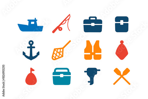 Nautical recreational equipment icons: modern flat fishing and boating essentials