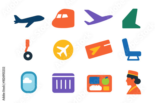 Colorful flat icons set representing travel and aviation elements