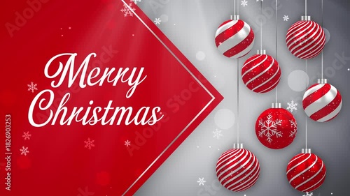 Merry Christmas Greetings Text Background Animation with Christmas baubles and Snow