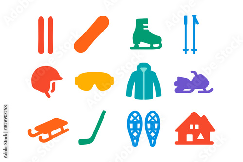 Colorful winter sports icons set featuring equipment and gear in simple bold design