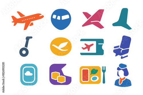 Colorful travel icons set featuring airplane, ticket, luggage, cabin crew, and meal sign