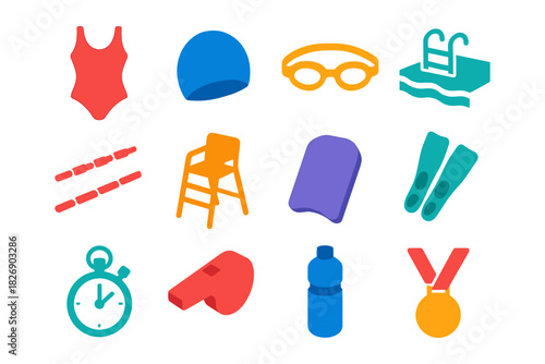 Swimming equipment icons: flat design of pool accessories and gear