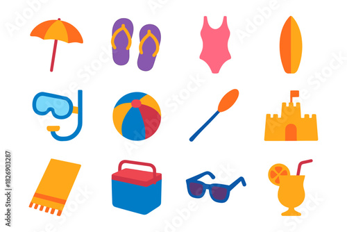 Bright summer beach icons collection for vacation and travel themes