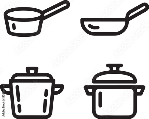 Set of kitchen utensils vector illustration with pots pans and cooking tools on white background