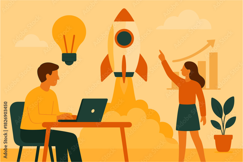 Fototapeta premium Business growth concept with teamwork and innovation in flat design
