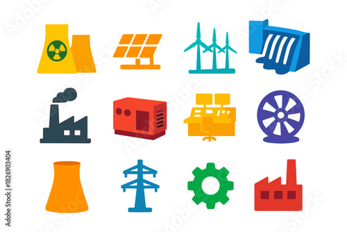 Colorful energy and industry icons featuring solar, wind, and hydroelectric concepts