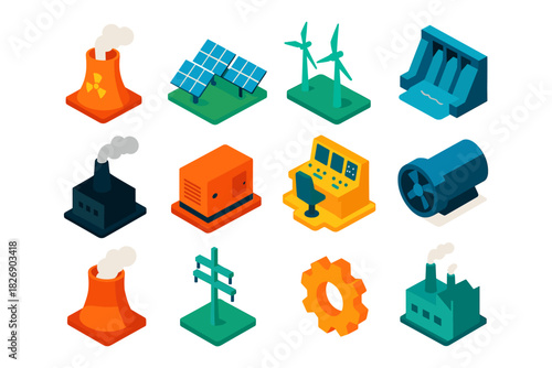 Isometric renewable and conventional energy icons: wind, solar, nuclear, and hydropower