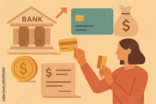 Flat design banking elements with woman and financial icons for digital payments