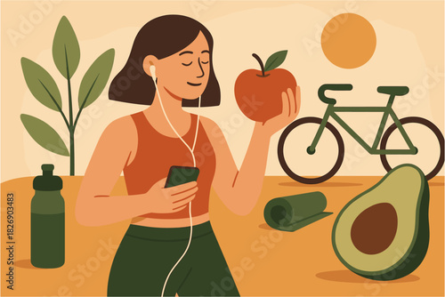 Healthy lifestyle flat design: woman with apple, bicycle, and avocado