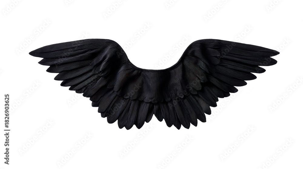 Fototapeta premium Black feather wing, isolated on transparent background, with detailed texture and dramatic, mysterious mood, suitable for fantasy, gothic, or supernatural themes in creative design