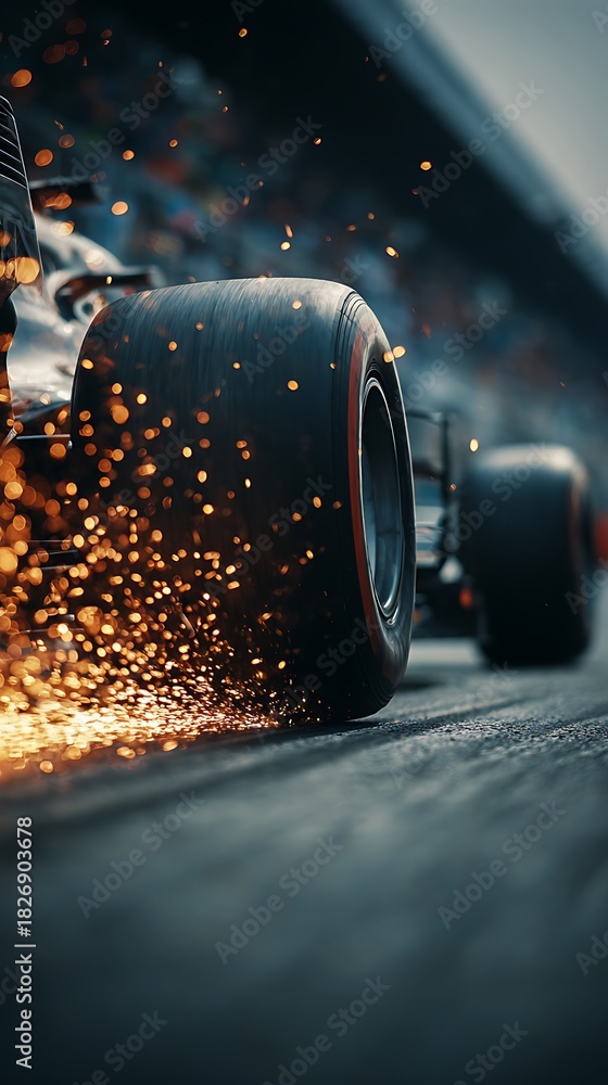 Fototapeta premium Awesome photo of formula one car racing with sparks flying from the tires on track.