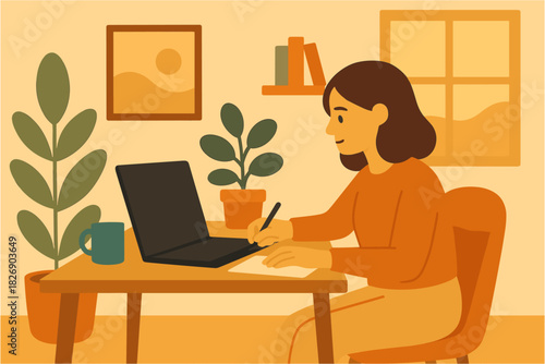 Woman working from home with laptop in cozy home office setting