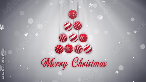 Merry Christmas Greetings Text Background Animation with Christmas baubles and Snow