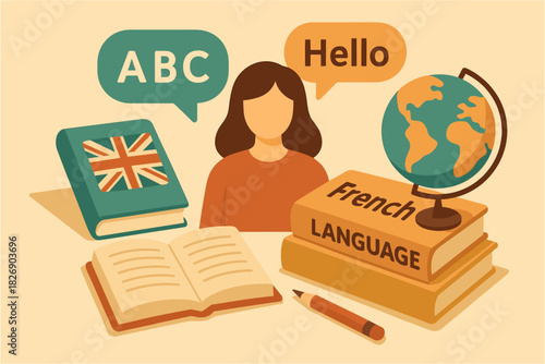 Language learning concept with books and globe in flat design