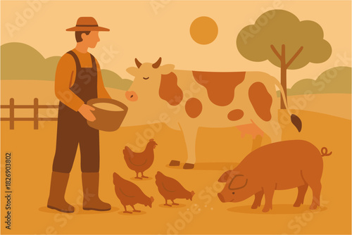Farmer feeding animals on a sunny day in rustic countryside scene