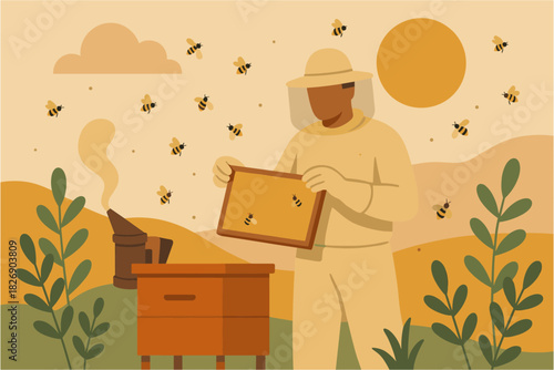 Beekeeper in protective gear tending hive in flat pastel landscape with bees and sun
