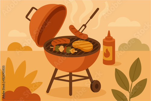 Outdoor barbecue grill with sausages and steaks in retro style