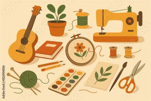 Crafting essentials collection with musical instruments and sewing tools in flat design