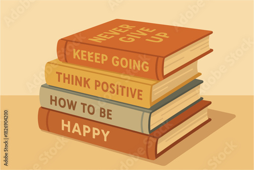 Motivational books stack with inspirational quotes in retro style