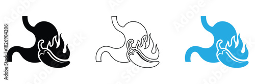 Spicy food concept with stomach and chili pepper engulfed in flames, showcasing heartburn and digestion problems, and the pain of spicy food