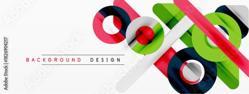 Abstract geometric shapes overlap, creating vibrant colorful design. White background enhances bold lines, modern aesthetic.