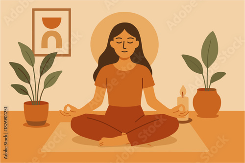 Serene meditation in warm tones with plants and candle