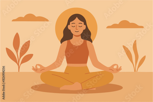 Calm meditation in nature with woman in yoga pose under sunlit sky