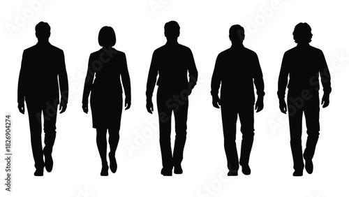 Diverse group of business silhouettes walking isolated on white background, Vector
