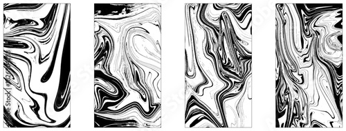 Monochrome ebru stains banners vector set. Black and white backgrounds with pink typography. Modern art posters with text space. Liquid paintings, abstract surface illustrations