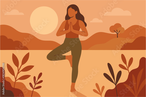 Serene yoga practice in nature with autumn colors in minimalist style