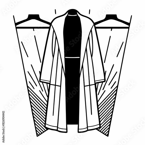 Stylized illustration of a black and white coat and garments