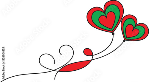 Decorative red and green heart-shaped balloons with swirling tendrils, symbolizing love and celebration, perfect for romantic or festive designs