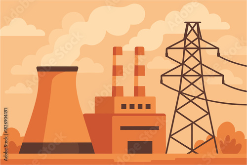 Industrial power plant with cooling tower and pylon in flat design