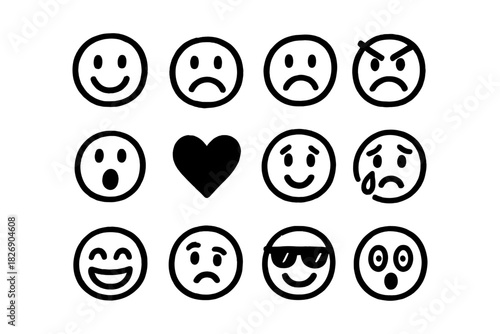 Set of hand-drawn emoji faces expressing various emotions with heart shape