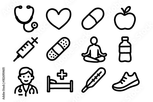 Healthcare and wellness icon set featuring modern outline design