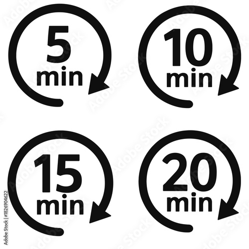 Set of 5 10 15 20 minute circular arrow timer icons for time intervals tracking