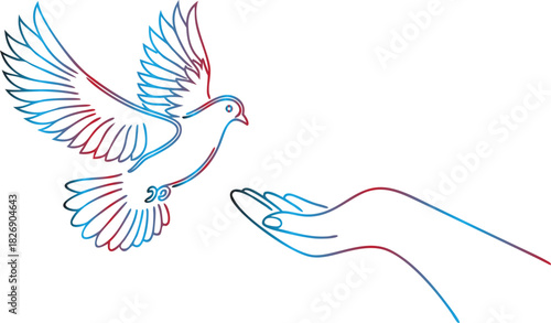 A gentle bird takes flight from an open hand, symbolizing freedom, peace, and new beginnings in a graceful, artistic illustration with vibrant red and blue outlines