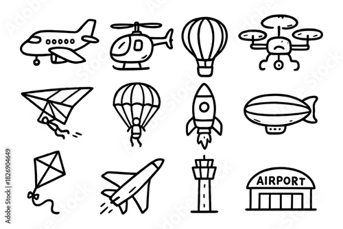 Hand-drawn transportation icons: air travel, balloons, drones, and more