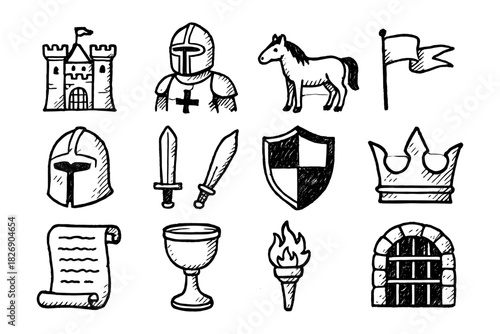 Medieval doodle set: knight, castle, and iconic symbols in hand-drawn style