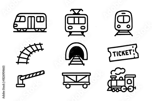 Simple train icons set: railway, tram, and ticket symbols for transport design