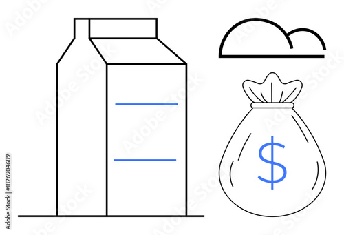 Milk carton, dollar sack, and cloud outline explore financial success, sustainability, and resource management. Ideal for agribusiness, dairy, food economy, profit investment environment simple