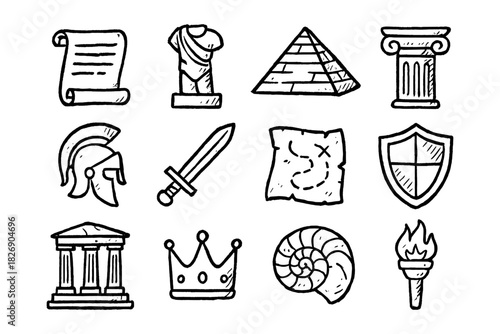 Ancient icons collection: hand drawn symbols of history and mythology