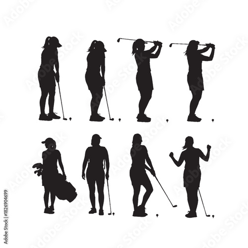 Female Golf Player Action Silhouette Set